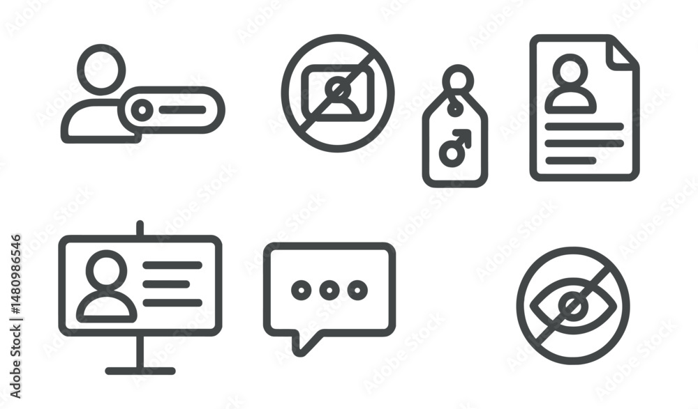 Line style icons of identity and safety online: username choice icon, no real name badge, gender privacy tag, avatar instead of selfie file, bio limits board, anonymous posting chart, express safely Line style icons of identity and safety online: username choice icon, no real name badge, gender privacy tag, avatar instead of selfie file, bio limits board, anonymous posting chart, express safely