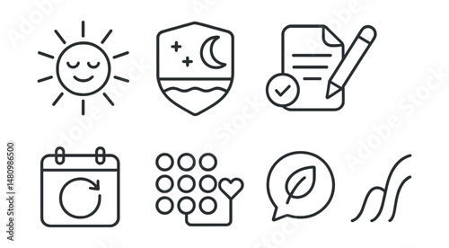 Line style icons of digital rituals and reminders: morning mood icon, evening reflection badge, check-in ping tag, soft prompt file, daily reset board, emotion touchpoint chart, evening slow down