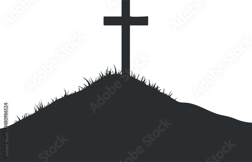 Silhouette of a Christian cross on a grassy hill symbolizing faith, spirituality, and remembrance.