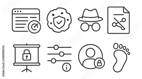 Line style icons of online privacy concepts: data tracker icon, cookies consent badge, private mode tag, “do not share” file, privacy settings board, info control chart, profile lock bubble, digital