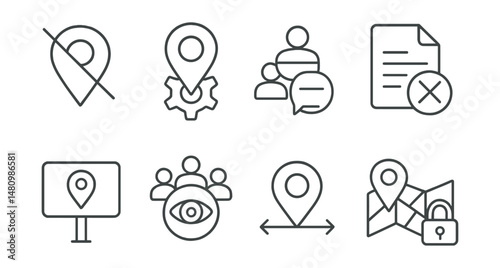Line style icons of location and tracking control: location off icon, GPS setting badge, “don’t share here” tag, turn off tracking file, map permission board, who sees me chart, distance limit bubble