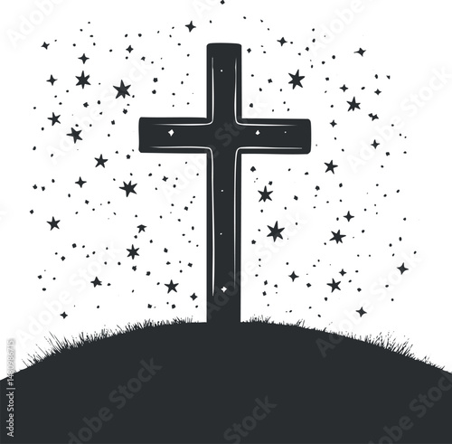 Silhouette of a cross on a hill surrounded by stars in the night sky representing faith and remembrance