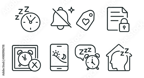 Line style icons of sleep-safe notifications: sleep hours off icon, late mute badge, health-based tag, overnight lock file, alarm exception board, screen dim chart, rest before buzz bubble, sleep