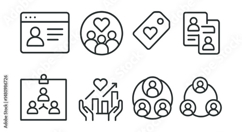 Line style icons of peer-to-peer fundraising: personal page icon, fundraiser share badge, community donation tag, friend-to-friend file, peer support board, donation matching chart, support circle