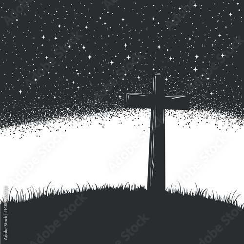 Silhouette of a cross on a hill against a starry night sky, symbolizing faith and remembrance