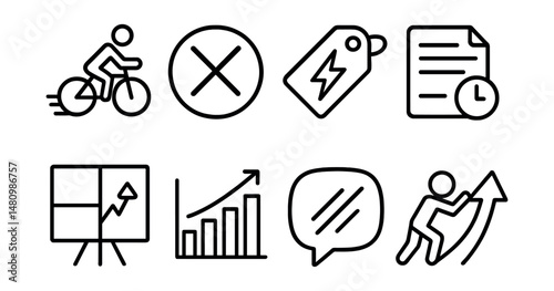 Line style icons of overcoming procrastination: “start now” icon, no excuses badge, task jumpstart tag, quick task file, break down big goals board, motivation chart, action bubble, push forward
