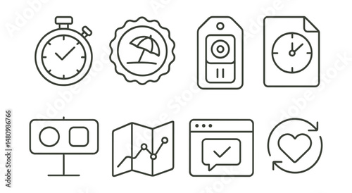 Line style icons of guided work-rest cycles: work timer icon, break tracker badge, focus + pause tag, scheduled session file, start + stop board, interval map chart, task window bubble, recovery