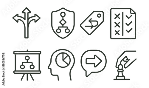 Line style icons of decision-making: choice icon, decision flow badge, options tag, pros and cons file, decision chart board, mental clarity chart, call-to-action bubble, make a move symbol.