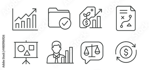 Line style icons of investment basics: stock chart icon, portfolio folder badge, capital growth tag, investment strategy file, asset types board, investor profile chart, risk-return balance bubble,