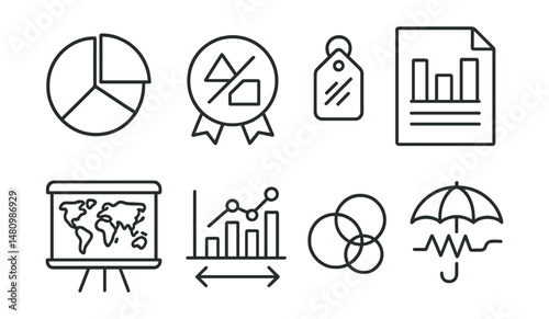 Line style icons of portfolio diversification: pie chart icon, asset class badge, risk allocation tag, balance across sectors file, regional exposure board, diversification strategy chart, asset mix