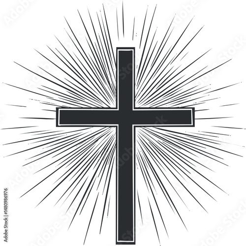 Black Christian cross with radiant light rays background symbolizing faith and spirituality