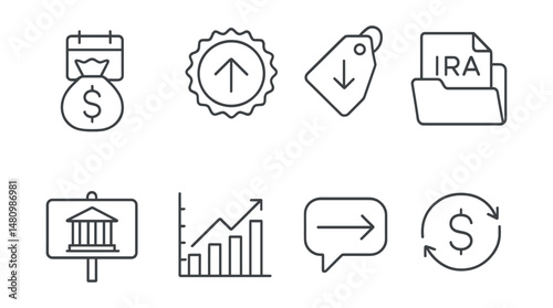 Line style icons of tax-efficient investing: tax-deferred icon, capital gain rate badge, tax-loss harvest tag, IRA account file, municipal bond board, 401(k) plan chart, Roth conversion bubble, net