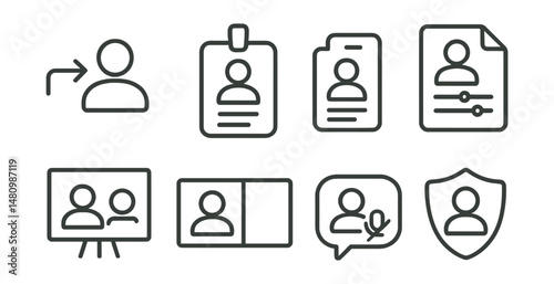 Line style icons of participant management: invite icon, add guest badge, participant list tag, host controls file, waiting room board, speaker view chart, participant mute bubble, host role symbol.