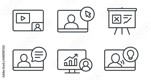 Line style icons of presentation during video call: slideshare icon, pointer tool badge, screen annotations tag, virtual flipchart file, speaker notes board, slideshow chart, presenter view bubble,