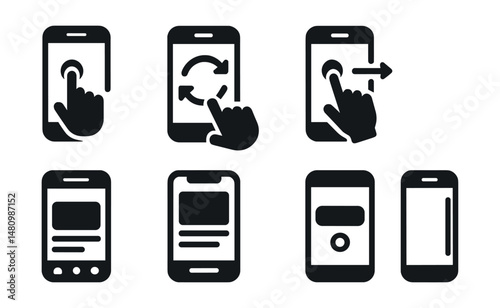 Solid style icons of mobile user experience: gesture icon, pull-to-refresh, long tap, swipe action, bottom nav, card layout, button state, scroll indicator.