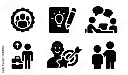 Solid style icons of youth skills development: teamwork badge, creative project, tech workshop, social skills, future jobs, confidence star, goal setting, mentor icon.