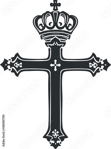 Black and white illustration of an ornate Christian cross topped with a crown symbolizing faith and authority