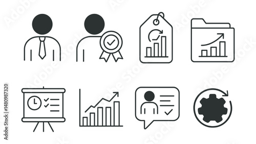 Line style icons of employee performance analytics: productivity icon, task completion badge, output per hour tag, team success file, time management board, workload chart, employee survey bubble,