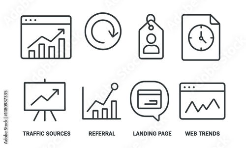 Line style icons of web traffic analysis: page views icon, bounce rate badge, unique visitors tag, session time file, traffic source board, referral chart, landing page bubble, web trends symbol.