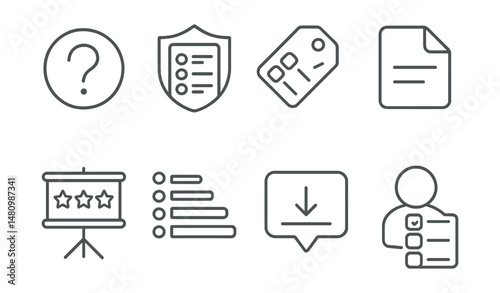 Line style icons of survey creation: question mark icon, poll form badge, multiple choice tag, text input file, rating scale board, Likert scale chart, drop-down menu bubble, survey creator symbol.