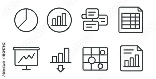 Line style icons of survey analysis tools: pie chart icon, bar graph badge, word cloud tag, cross-tabulation file, response trends board, data export chart, analysis grid bubble, insights report