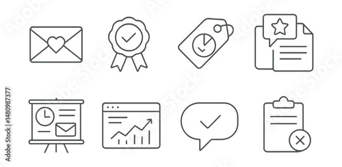Line style icons of post-survey actions: send thank you icon, results summary badge, response analysis tag, feedback report file, follow-up email board, thank-you page chart, action plan bubble,