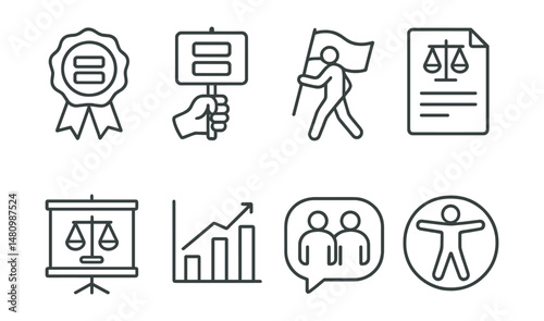 Line style icons of social justice activism: equality symbol icon, rights protest badge, freedom march tag, justice petition file, civil rights board, legal reform chart, fair treatment bubble, human