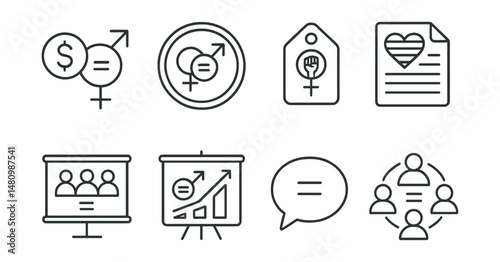 Line style icons of gender equality movements: equal pay icon, gender balance badge, woman’s rights tag, LGBTQ+ rights file, representation board, policy reform chart, equal opportunity bubble,