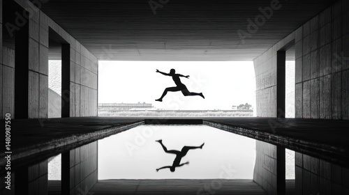 Athlete silhouette jumping over water in modern architecture