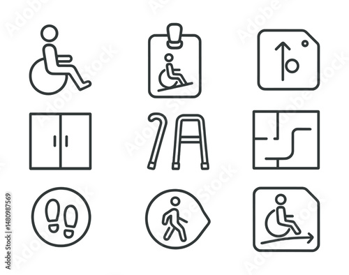 Line style icons of mobility accessibility: wheelchair icon, ramp access badge, lift button tag, door width file, mobility aid board, floor plan chart, walkable space bubble, accessible path symbol.