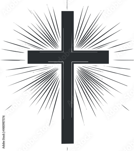Black Christian cross with radiating light rays symbolizing faith and spirituality on white background