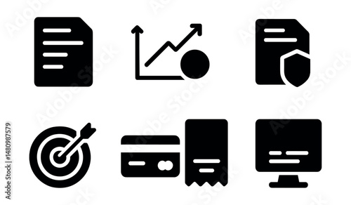 Solid style icons of small business finance: invoice icon, cash flow chart, expense log, tax report, profit goal, payment method, client bill, account tracker.