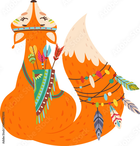 Cartoon fox featuring vibrant tribal face paint, wearing a quiver filled with arrows and adorned with colorful feathers on its tail, embodying a playful boho chic aesthetic