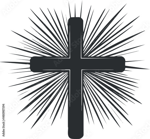 Black Christian cross with radiating spikes symbolizing faith and spirituality in religious context