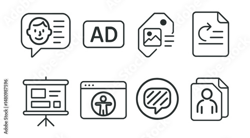 Line style icons of universal content access: plain language icon, audio description badge, image-to-text tag, easy-to-navigate file, alternative formats board, inclusive web chart, visual cue bubble