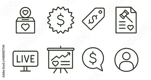 Line style icons of charity auctions: auction item icon, starting bid badge, bidding price tag, charity lot file, live auction board, offer update chart, closed bid bubble, winner circle symbol.