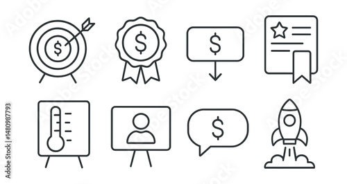 Line style icons of crowdfunding campaign: fundraising goal icon, pledge badge, donation button tag, backer tier file, donation progress board, supporter thank-you chart, project fund bubble,