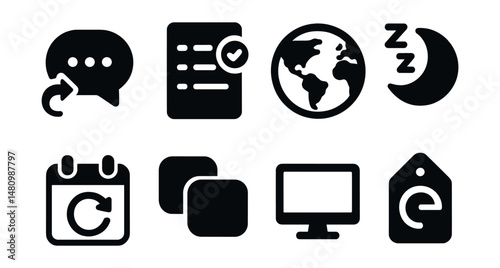 Solid style icons of remote productivity: async message, task block, time zone map, quiet hours, daily sync, app switch, virtual desk, progress tag.