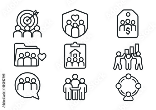 Line style icons of community-driven crowdfunding: group goal icon, shared cause badge, community fund tag, local support file, neighborhood drive board, team effort chart, crowd backing bubble,