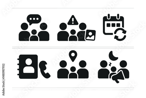 Solid style icons of family communication: group chat, parent alert, photo share, calendar sync, contact list, location ping, bedtime call, announcement icon.
