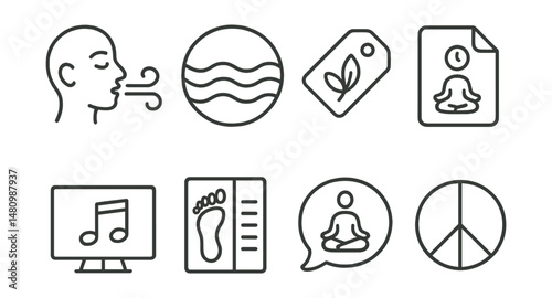 Line style icons of stress relief: deep breath icon, calm wave badge, relaxation tag, meditation timer file, soothing music board, grounding tool chart, relaxation session bubble, peace symbol.