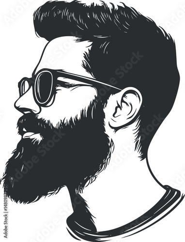 Black and white vector illustration of a bearded man in profile wearing sunglasses and a casual shirt