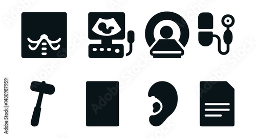 Solid style icons of diagnostic tools: X-ray scan, ultrasound machine, MRI icon, blood pressure cuff, reflex hammer, vision test, hearing device, diagnostic report.