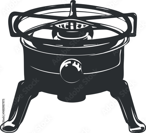 Black and white illustration of a single gas burner stove used for cooking in kitchens