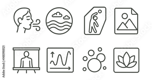 Line style icons of relaxation techniques: deep breath icon, calming waves badge, stretch reminder tag, visualizations file, body scan board, deep breathing chart, stress relief bubble, relaxation
