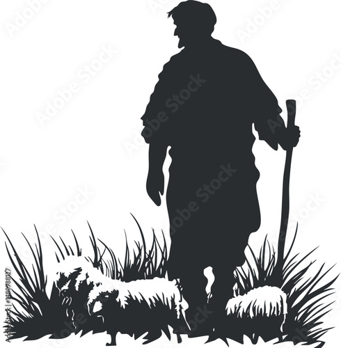 Silhouette of a shepherd walking with sheep in grass holding a stick in a rural pastoral setting.