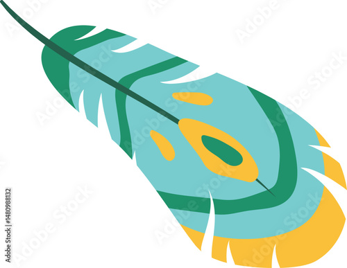 Falling feather in light blue and green hues, adorned with delicate yellow details, showcases the essence of lightness, hope, and freedom, embodying the beauty of nature