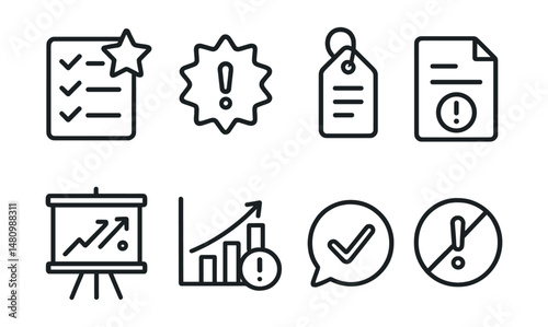 Line style icons of task prioritization: priority task icon, urgent badge, task queue tag, deadline file, high priority board, action item chart, focus task bubble, must-do symbol.