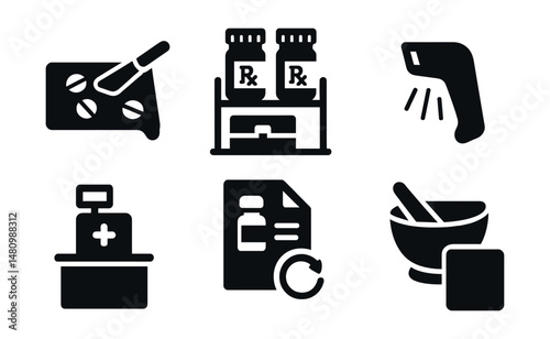 Solid style icons of pharmacy operations: pill counter, prescription shelf, pharmacy register, dosage label, compounding icon, refill request, barcode scanner, cold storage.