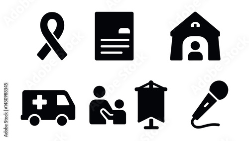 Solid style icons of health campaigns: awareness ribbon, info brochure, public poster, screening tent, mobile unit, outreach icon, vaccine banner, speaker mic.